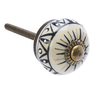 Madam Stoltz Handbeschilderde aardewerk deurknop off white, zwart, wit, goud, Antiek messing messing