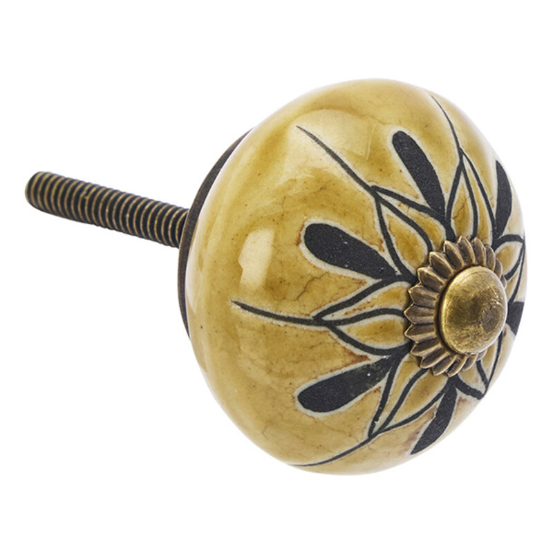 Madam Stoltz-collectie Hand-painted stoneware doorknob Mustard, charcoal, ant.brass