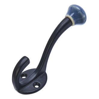 Madam Stoltz Metalen haak met aardewerk knop Zwart, dusty blue