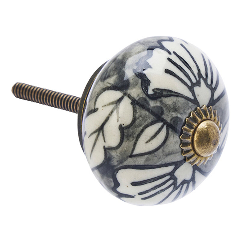 Madam Stoltz-collectie Hand-painted stoneware doorknob   Grey, off white, black, ant.brass