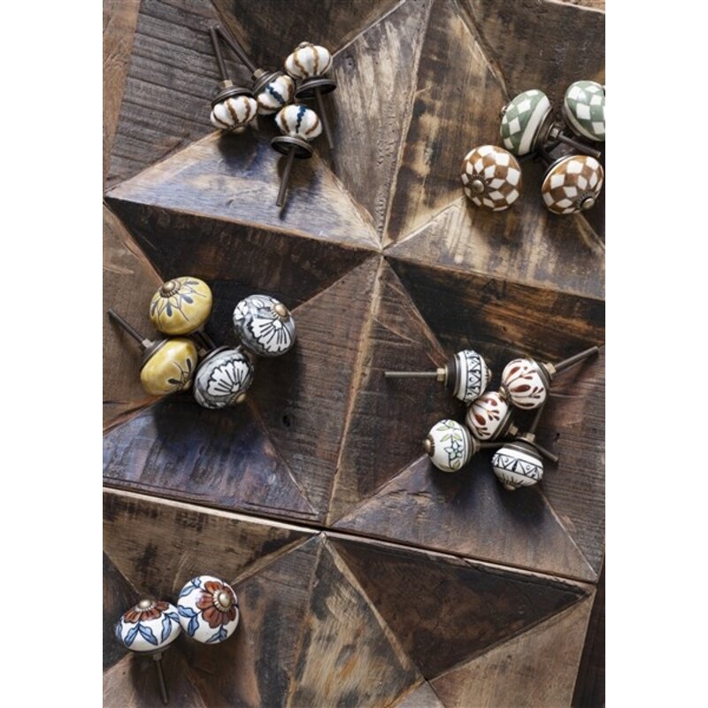 Madam Stoltz-collectie Handbeschilderde aardewerk deurknop Grijs, gebroken wit, zwart, Antiek messing