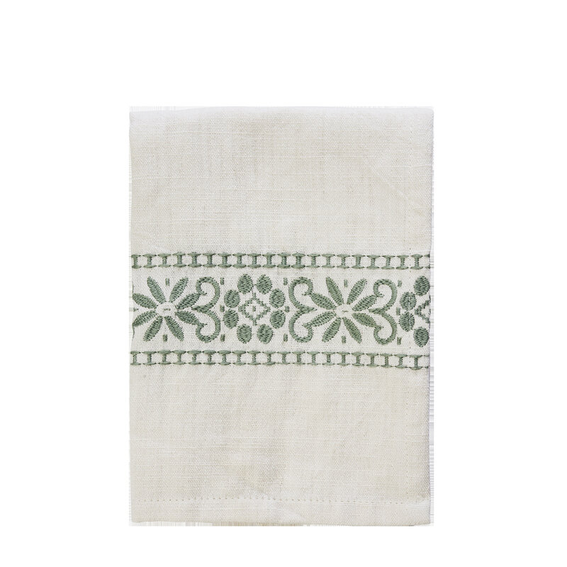 Madam Stoltz-collectie Geborduurde theedoek Off white, salie