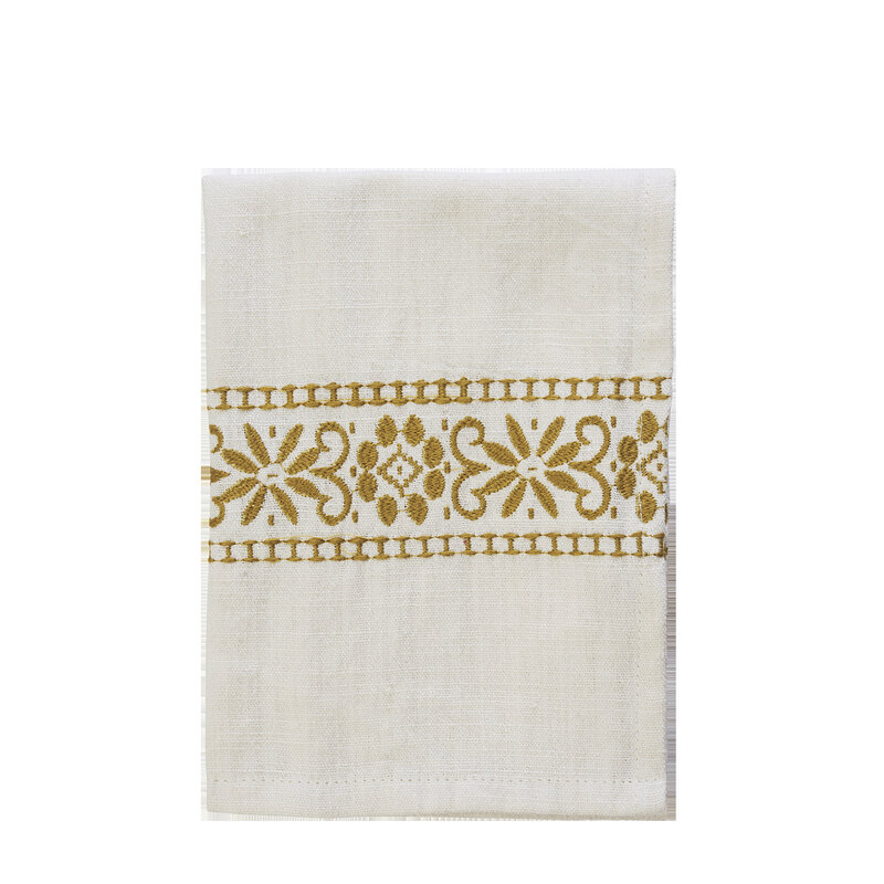 Madam Stoltz-collectie Geborduurde theedoek Off white, mosterd