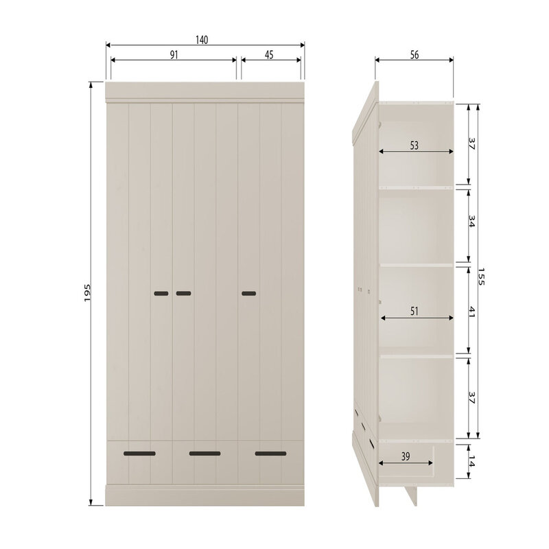 WOOOD-collectie Connect 3-Door Wardrobe + Drawer Dust [FSC]