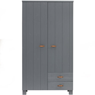 WOOOD Dennis Cabinet With Drawers Pine Steel Grey Leather Handle [FSC]