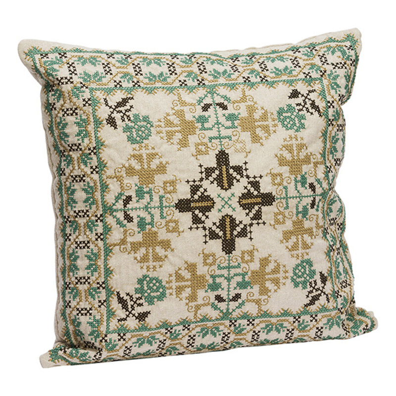 Madam Stoltz-collectie Geborduurde kussenhoes Beige, olijf, groen, kaki
