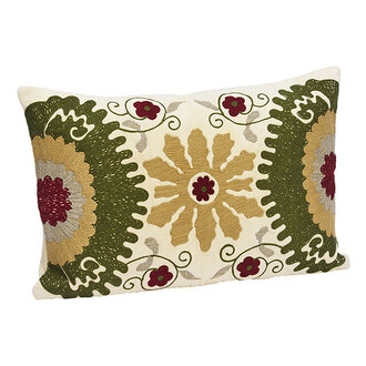 Madam Stoltz Embroidered velvet cushion cover Off white, green, tapenade, grey, ruby wine