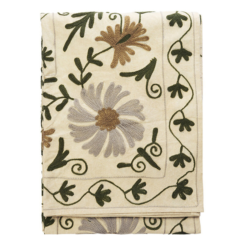 Madam Stoltz-collectie Suzani embroidered cotton throw Ecru, green, grey, tapenade
