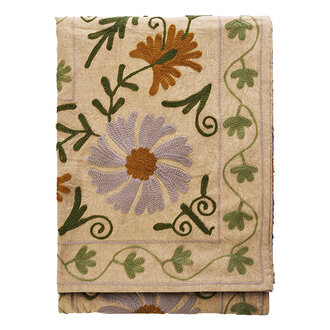 Madam Stoltz Suzani embroidered cotton throw Old rose, stone, pumpkin, green