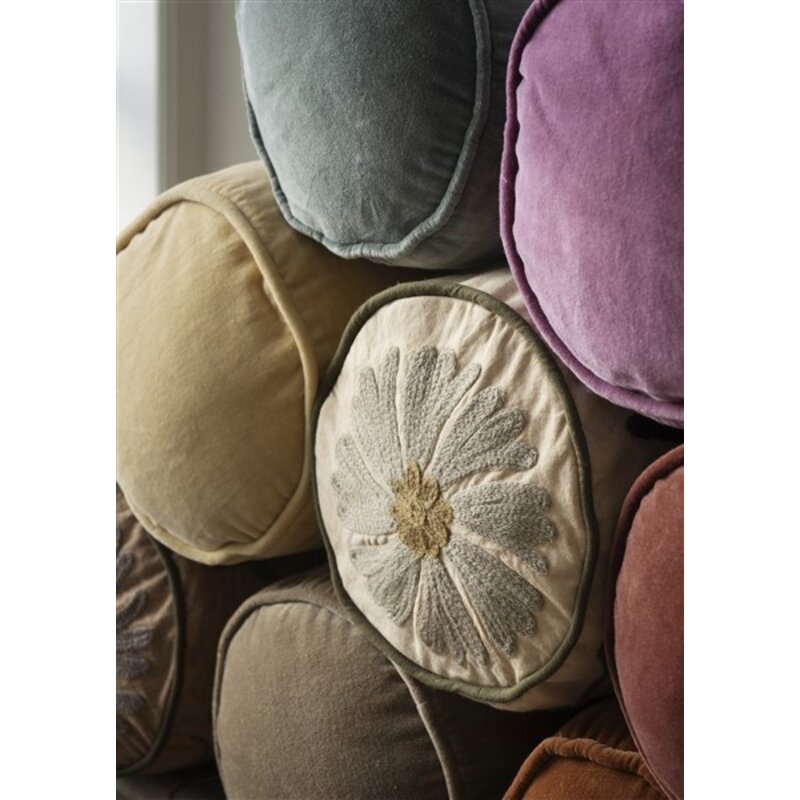 Madam Stoltz-collectie Suzani embroidered bolster cushion Ecru, green, grey, tapenade