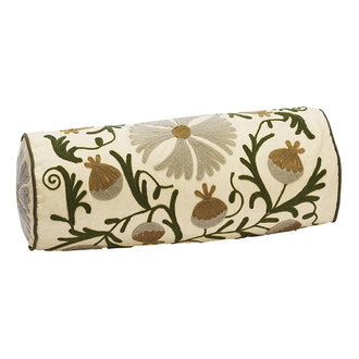 Madam Stoltz Suzani embroidered bolster cushion Ecru, green, grey, tapenade