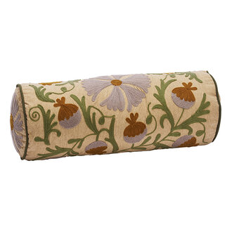 Madam Stoltz Suzani embroidered bolster cushion Old rose, stone, pumpkin, green
