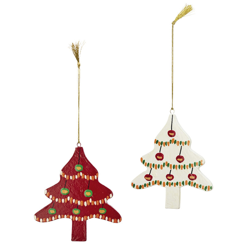 Madam Stoltz-collectie Handbeschilderde houten kerstbomen - set v 2 - Rood, gebroken wit, groen