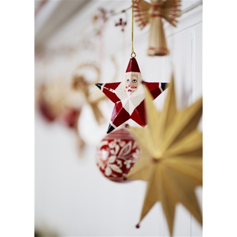 Madam Stoltz-collectie Handbeschilderde houten Kerstman hanger Rood, gebroken wit, zwart