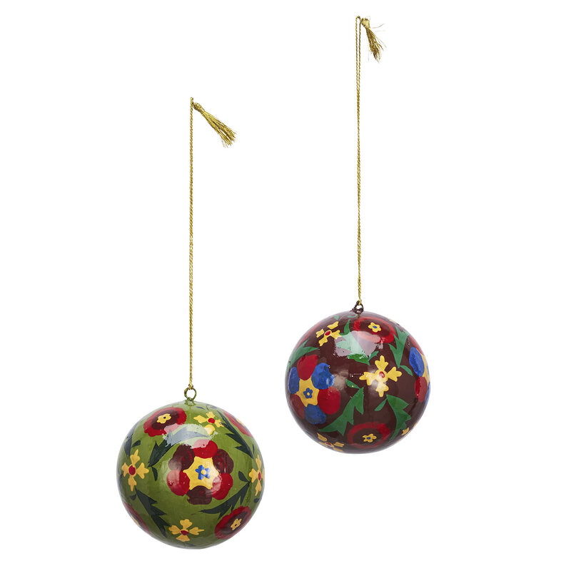 Madam Stoltz-collectie Handgemaakte kerstballen van papier-maché - set v 2 - Groen, robijnrood, multicolor