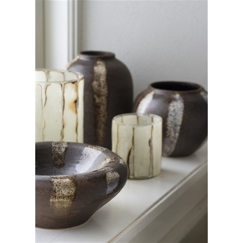 Madam Stoltz-collectie Striped glass votive Off white, burnt brown, clear 14x20 cm