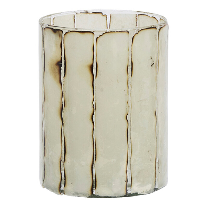 Madam Stoltz-collectie Gestreepte glazen waxinelichthouder Gebroken wit, bruin, helder 10x13 cm