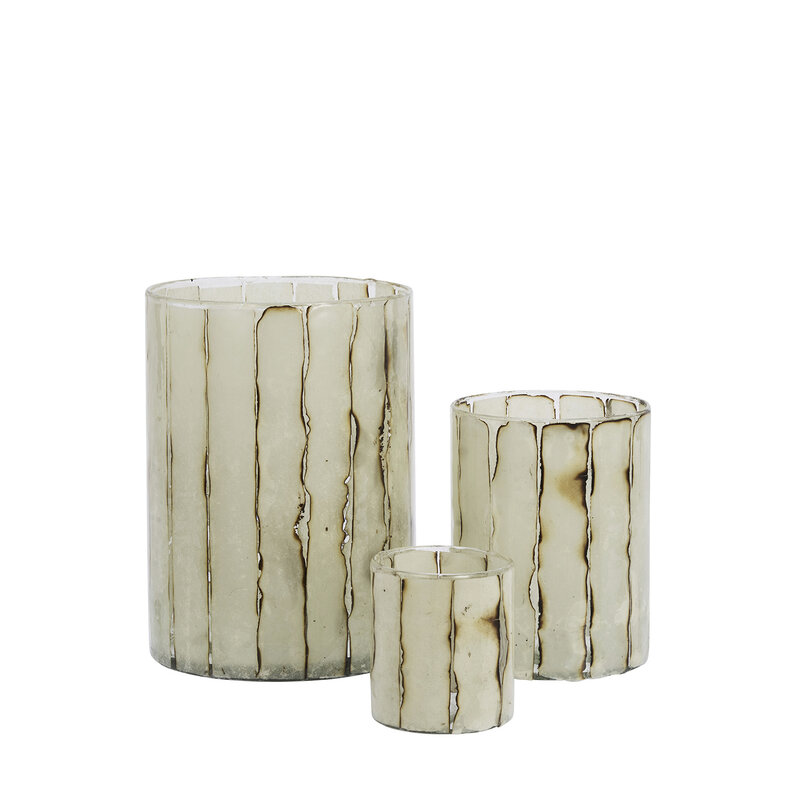 Madam Stoltz-collectie Striped glass votive Off white, burnt brown, clear 10x13 cm
