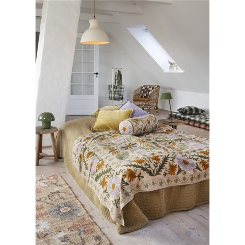 Madam Stoltz-collectie Gewatteerde katoenen plaid Mosterdgeel, grijs