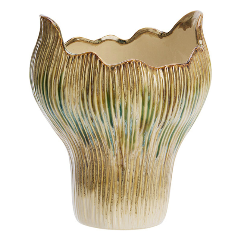 Madam Stoltz-collectie Aardewerk vaas Beige, groen, mosterdgeel 19x22