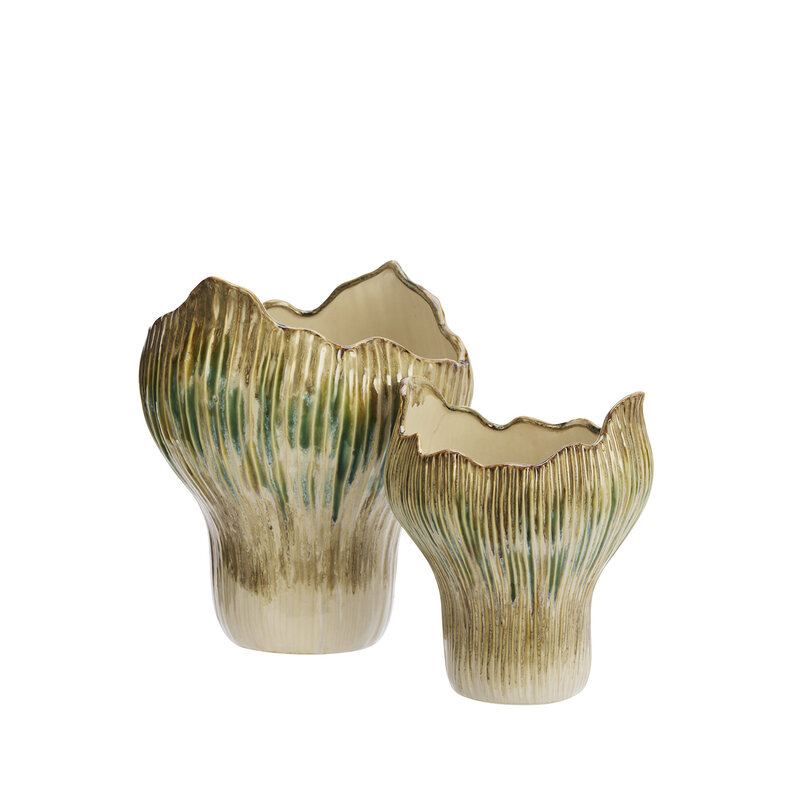 Madam Stoltz-collectie Aardewerk vaas Beige, groen, mosterdgeel 19x22