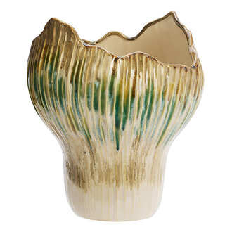 Madam Stoltz Stoneware vase Beige, green, mustard 25x29 cm