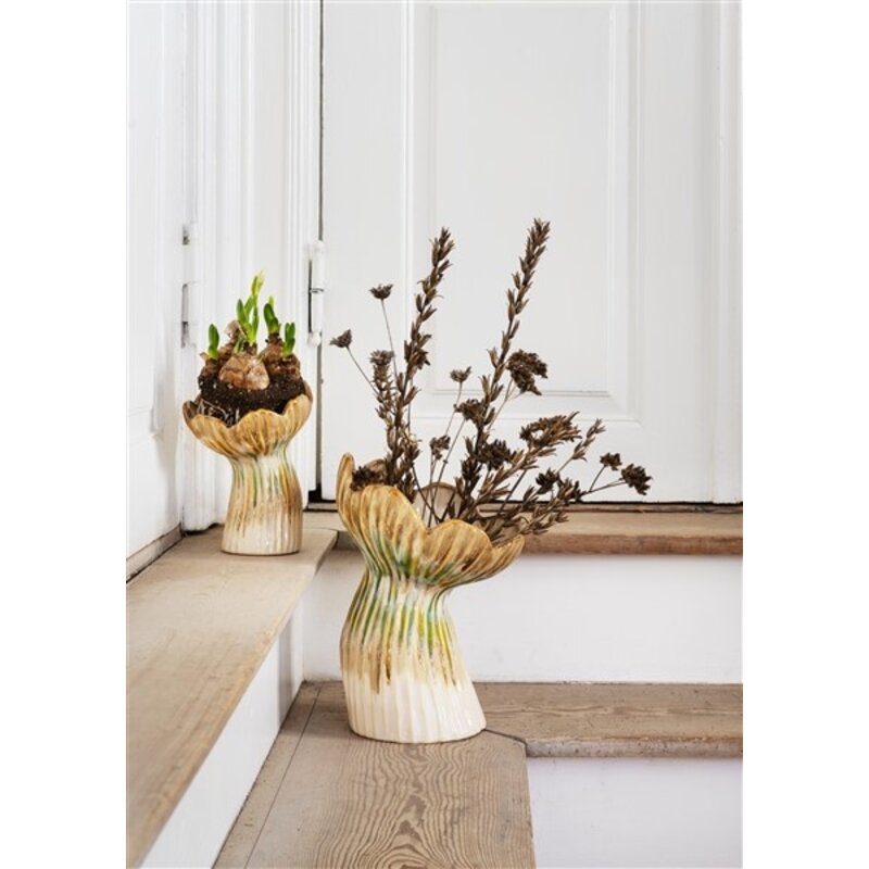 Madam Stoltz-collectie  Stoneware vase Beige, green, mustard 14x20,5 cm