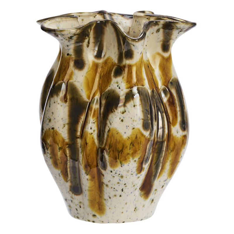 Madam Stoltz-collectie Aardewerk vaas Gebroken wit, mosterdgeel, bruin