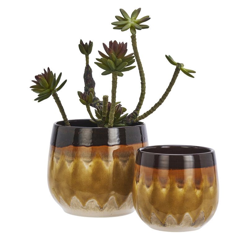 Madam Stoltz-collectie Stoneware flower pots - set 2 - Yellow, brown, beige