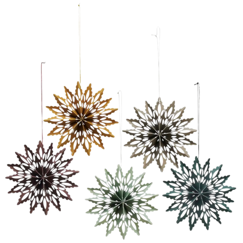 Madam Stoltz-collectie Kerstdecoratie hangers papieren sneeuwvlokken - set 5 - Groen, salie, pruim, greige, pumpkin spice