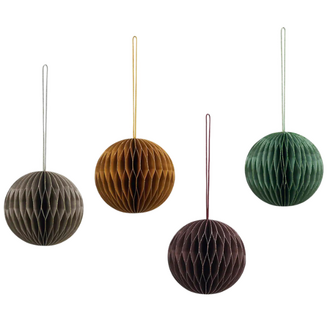 Madam Stoltz Hanging paper balls - set 4 - w/ glitter Green, plum, greige, pumpkin spice