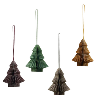 Madam Stoltz Kerstdecoratie hangers papieren bomen - set v 4 - met glitter Groen, pruim, greige, pumpkin spice