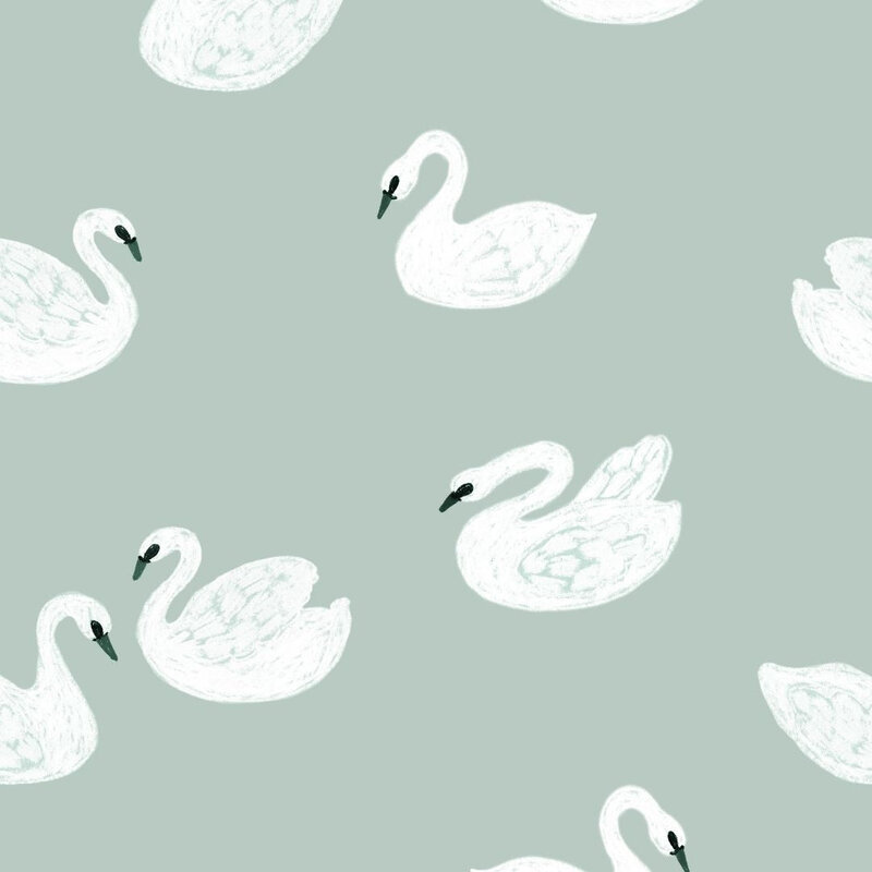 Meet Me at the Wall-collectie Kinderbehang Swans - Lake blue - Joelle Wehkamp