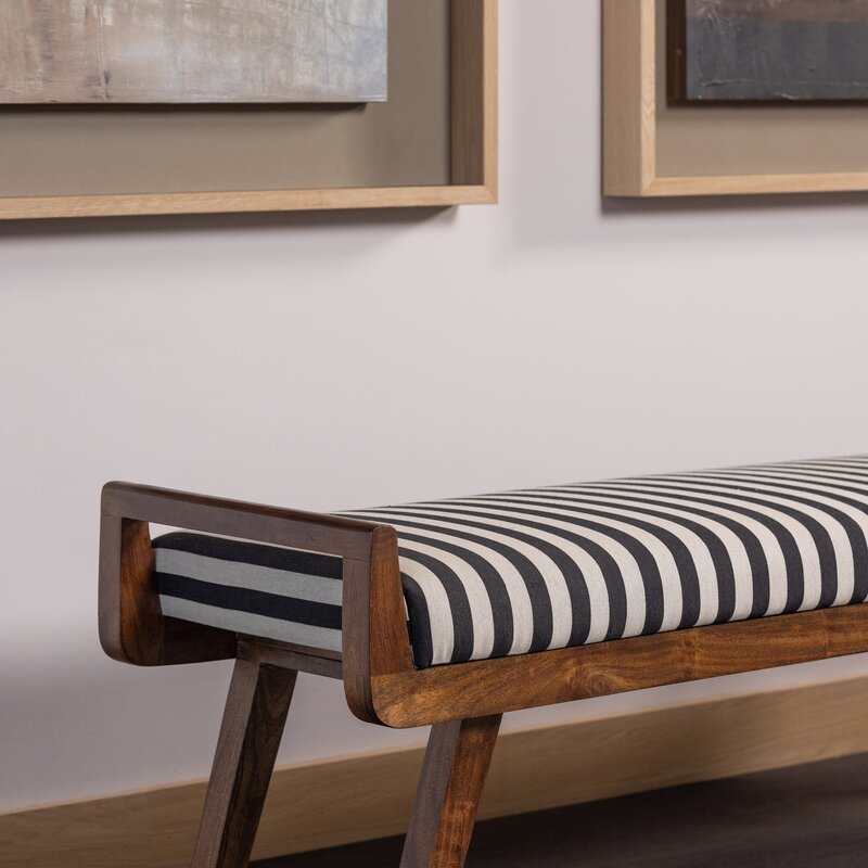 WOOOD-collectie Valo Bench in Wood, Brown with Black/White Striped Fabric