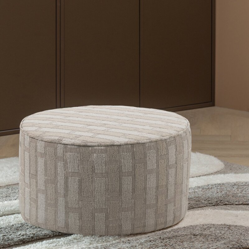 WOOOD-collectie Sarli Low Pouf, Checkered Chenille Pattern, Natural/Beige [FSC]
