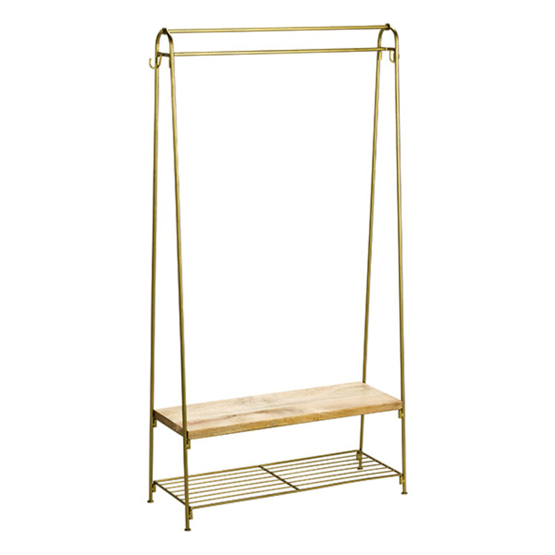 Madam Stoltz-collectie Iron clothes rack w/ shelves Ant.brass, natural