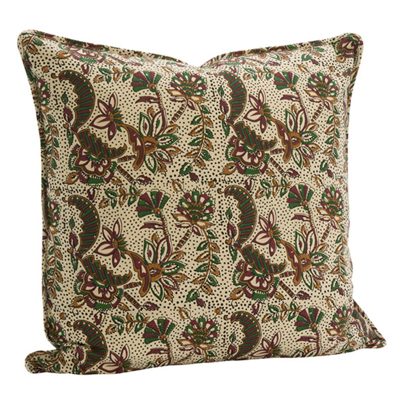 Madam Stoltz-collectie Printed cushion cover Off white, green, chestnut, mustard