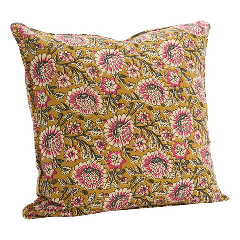 Madam Stoltz-collectie Printed cushion cover Mustard, off white, grey, raspberry