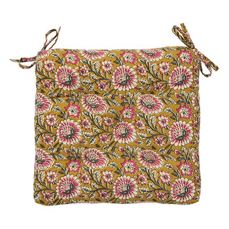 Madam Stoltz Printed cotton chair pad Mustard, off white, grey, raspberry
