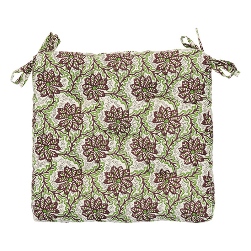 Madam Stoltz-collectie Printed cotton chair pad Brown, green, off white