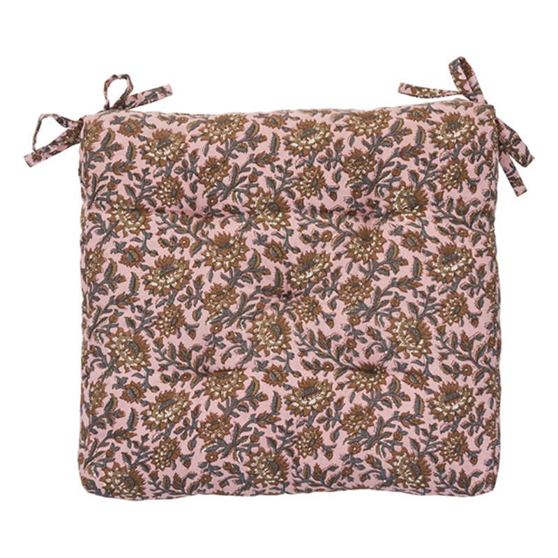 Madam Stoltz-collectie Printed cotton chair pad Pink, nougat, grey