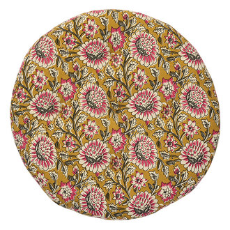 Madam Stoltz Round cotton chair pad Mustard, off white, grey, raspberry