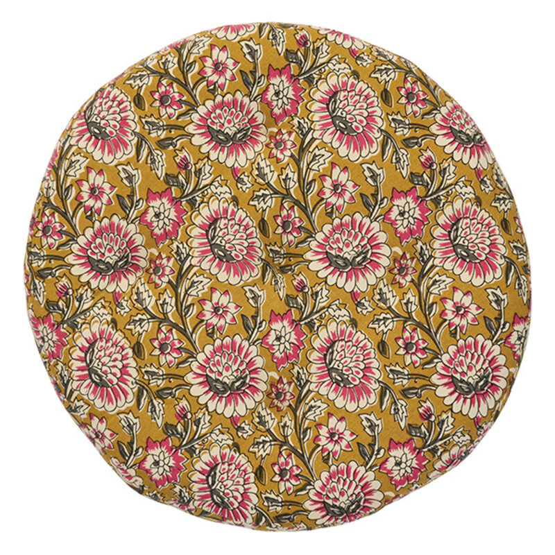Madam Stoltz-collectie Round cotton chair pad Mustard, off white, grey, raspberry