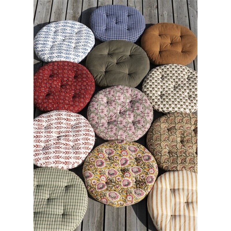 Madam Stoltz-collectie Round cotton chair pad Mustard, off white, grey, raspberry