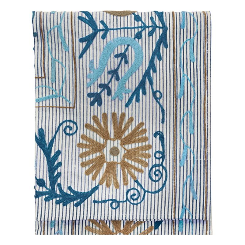 Madam Stoltz-collectie Suzani geborduurde katoenen plaid Blauw grijsbeige zand gebroken wit