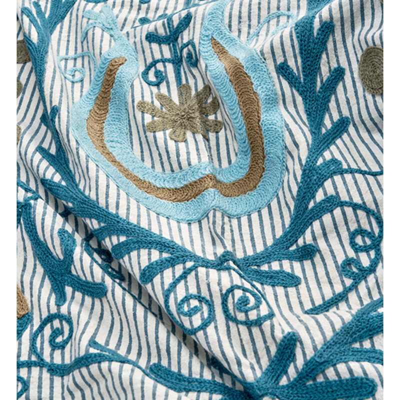 Madam Stoltz-collectie Suzani geborduurde katoenen plaid Blauw grijsbeige zand gebroken wit