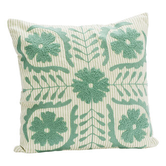 Madam Stoltz Suzani geborduurde kussenhoes Stoffig aqua gebroken wit