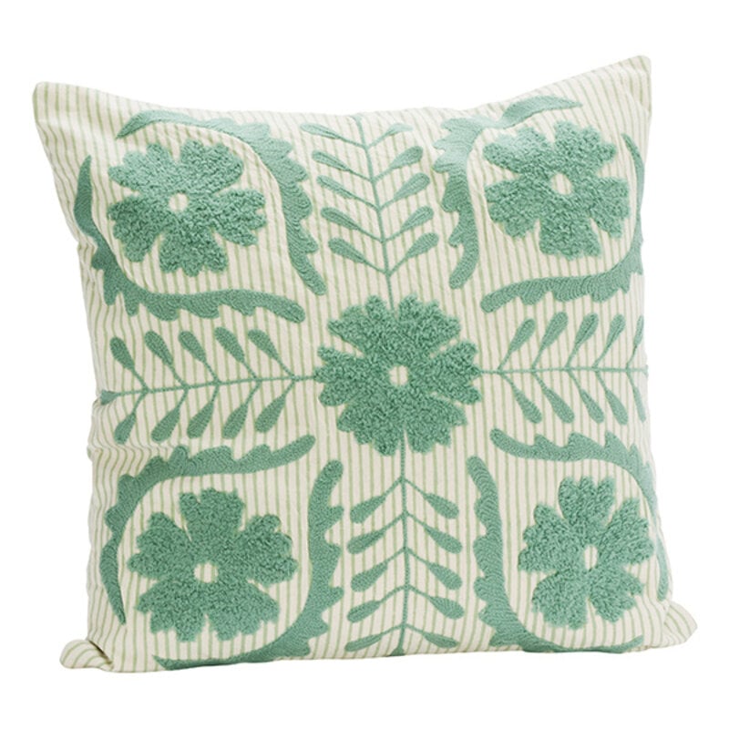 Madam Stoltz-collectie Suzani geborduurde kussenhoes Stoffig aqua gebroken wit