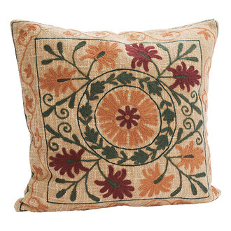 Madam Stoltz Suzani embroidered cushion cover Sand, ruby wine, petrol, melon