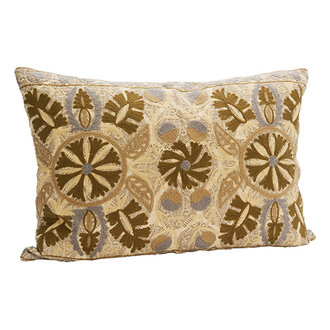 Madam Stoltz Suzani embroidered cushion cover Ivory, dusty blue, khaki, greige